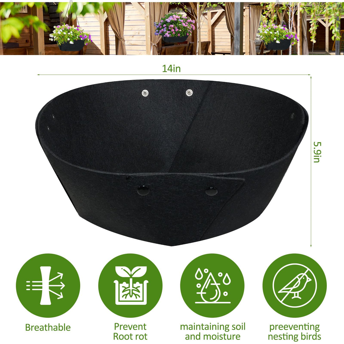 AHFCANG 14Inch Round Fabric Planter Liners (4pcs), Felt Flower Pot Liners for Hanging Baskets, Planter Liner for Garden Flower Vegetables Plant Indoor/Outdoor (Black)