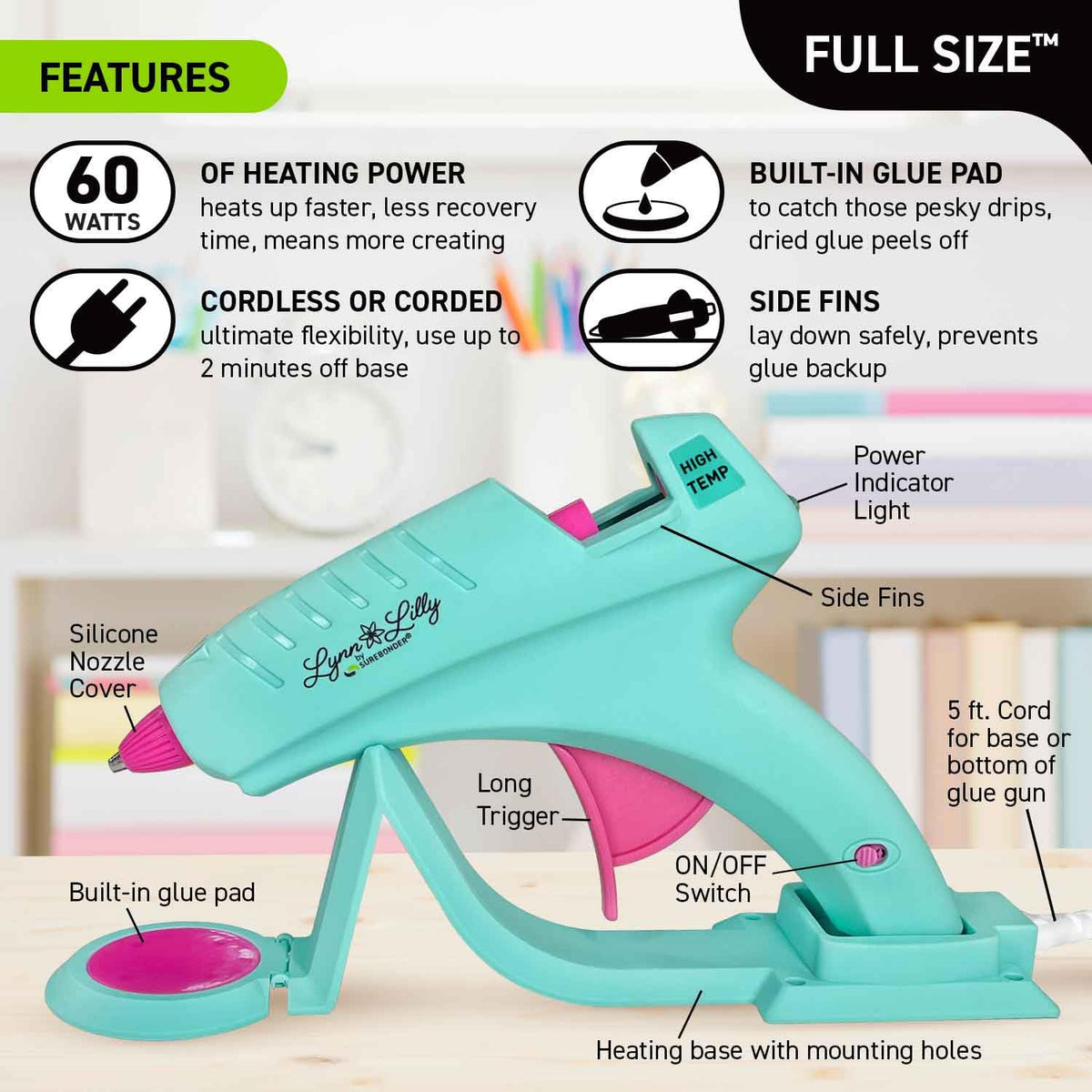 Surebonder Lynn Lilly Edition Detail Tip Mini-Size and Full-Size Cordless/Corded Hot Glue Guns with Fabric and All Purpose Hot Glue Sticks and 19" x 19" Pink Silicon Non-Stick Glue Pad Included