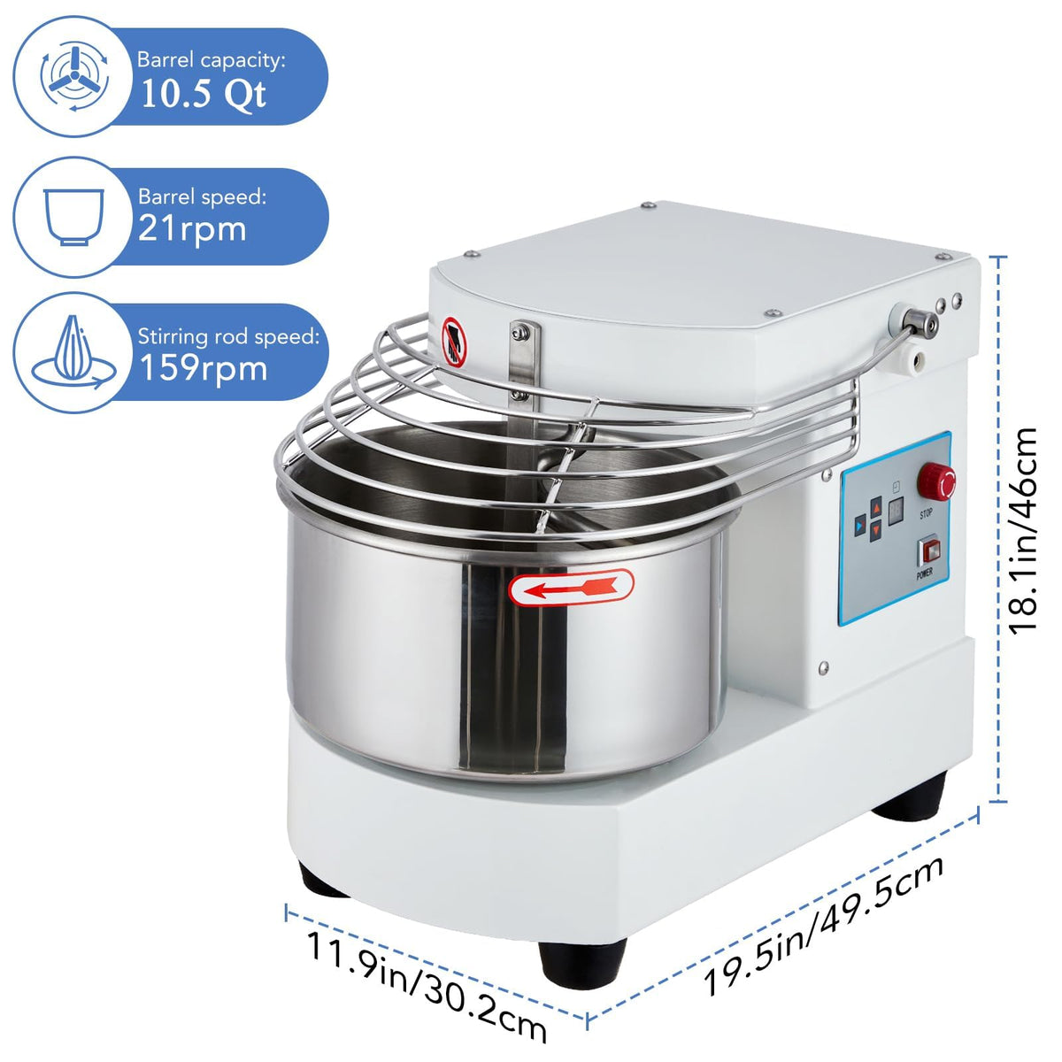 EliteEdge 10.5 Qt Commercial Food Mixer | 650W Dual-Rotation Dough Kneading Machine with Touchscreen Timer | Stainless Steel Bowl & Safety Shield for Bakeries & Restaurants