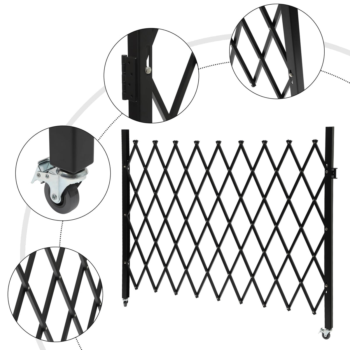 Folding Security Gate, 48" H x 71" W Black Metal Safety Gate with Diamond Grid and Padlock, Expandable Wall Mount Gate for Garage, Basement, Storefront, School and Industrial Site