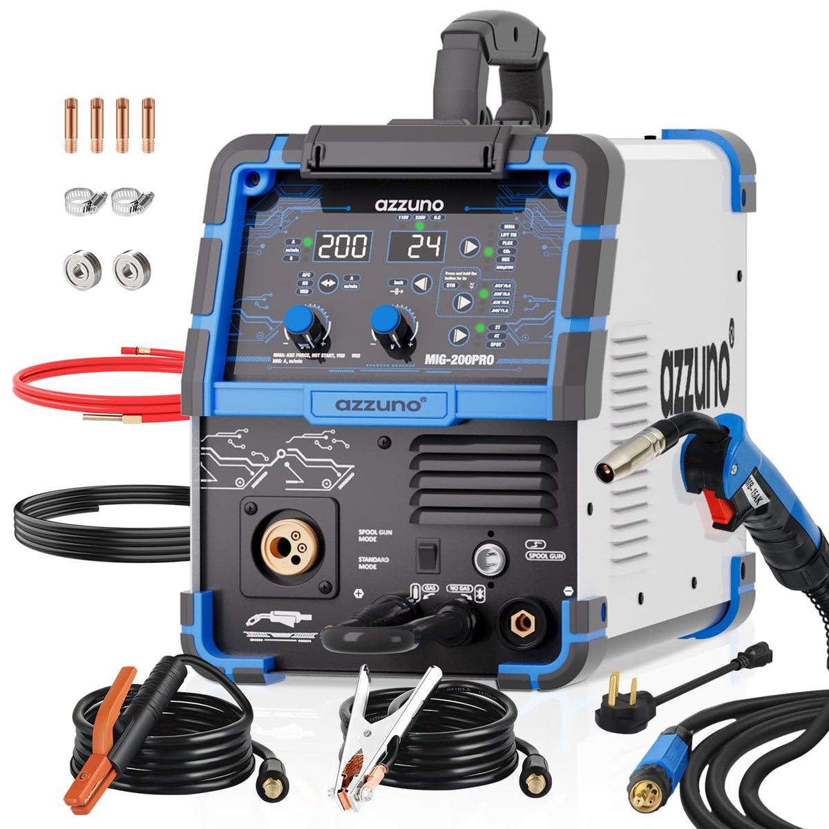 AZZUNO 8 in 1 200A MIG Welder & .030" 2LBS Solid MIG Welding Wire, 110V/220V Welder Machine Flux Core MIG/Gas MIG/MAG/Aluminum MIG/Spot MIG/Lift TIG/Stick Welding/Spool Gun Compatible, Multiprocess We