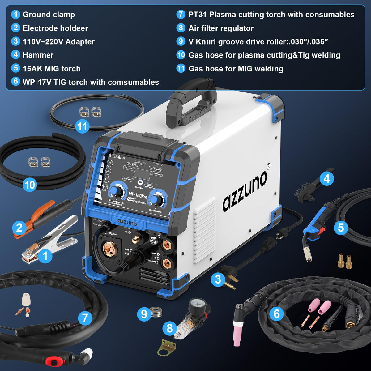 AZZUNO Plasma Cutter Welder Combo 160A, 5 in 1 Plasma Cut/Gas MIG/Flux MIG/HF TIG/Stick Welder Machine, 110V/220V Multiprocess Welding machine(Light Grey)