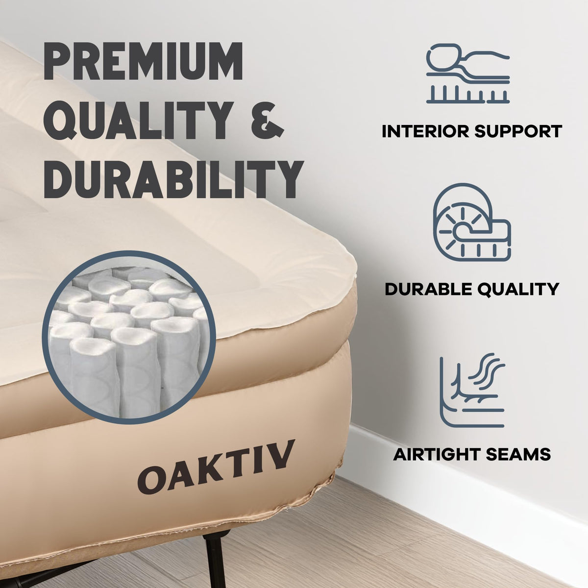 Oaktiv Twin Air Mattress with Frame, Self Inflating/Deflating Bed for Adults - PeakRest Blow Up Bed, Camping Cot with Mattress - Portable with Travel Rolling Case on Wheels
