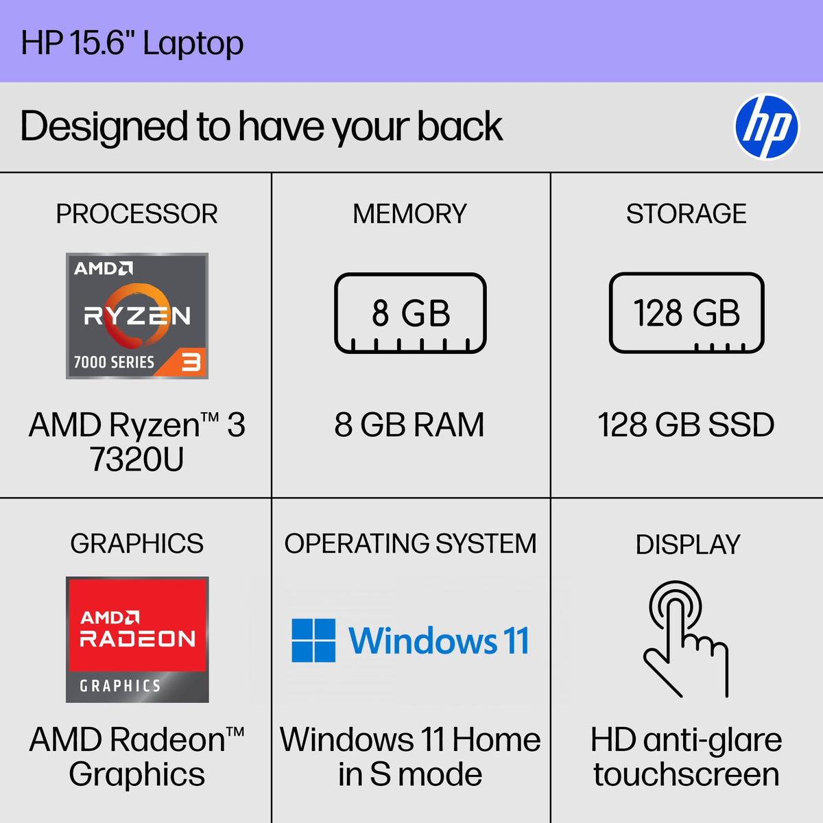 HP 15.6 inch Laptop, HD Touchscreen Display, AMD Ryzen 3 7320U, 8 GB RAM, 128 GB SSD, AMD Radeon Graphics, Windows 11 Home in S Mode, Natural Silver, 15- fc0099nr
