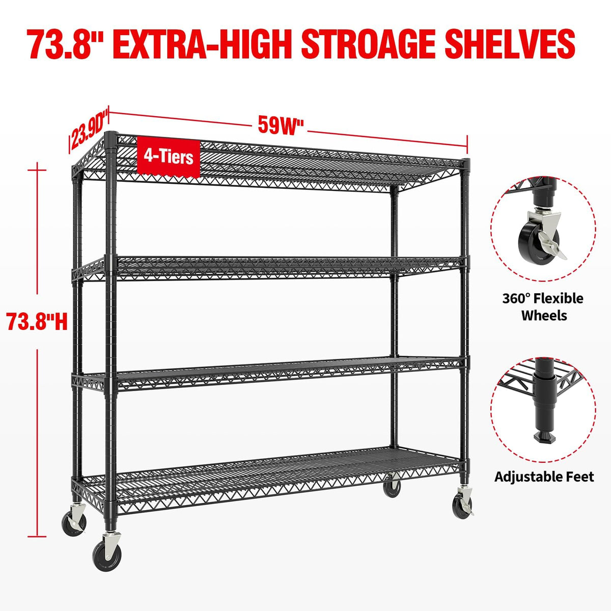 MilleLoom Metal Shelving with Wheels, 2640LBS 4-Tier Heavy Duty Garage Storage Shelves, Adjustable Wire Rack Shelving Unit w/Casters, Rolling Shelf for Home, Workshop, Basement, 74" H×24" D×60" W
