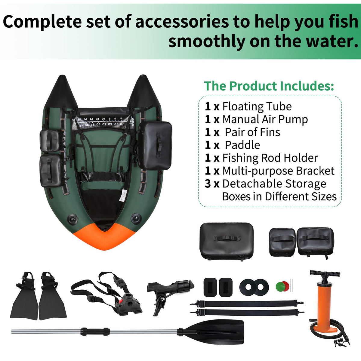 UNITACKLE Inflatable Fishing Float Tube, Belly Boat Fishing with Detachable Side Bags, Hand Pump, Fish Ruler, Paddle, Fins, Rod Holder and Mount, Inflatable Float Tube for 330lb Load Capacity