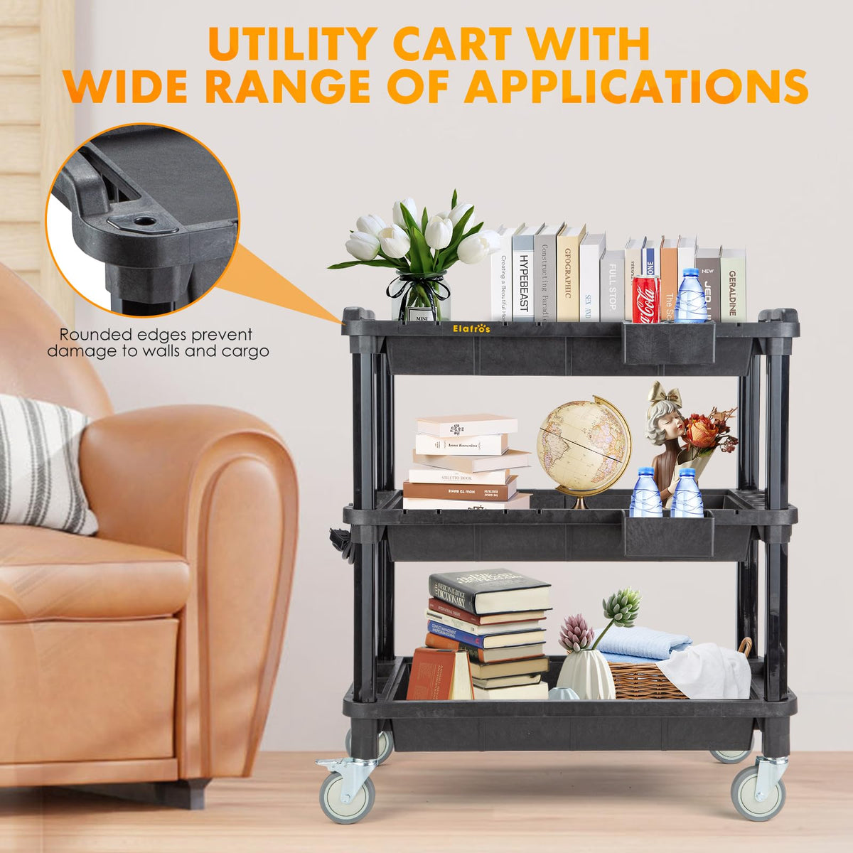 ELAFROS Multi-Use Rolling Cart with Power Strip – Industrial-Grade Plastic Utility Cart with 3 Deep Plastic Shelves, 500 lbs Capacity, 32.4"x18.3", Work cart, Black