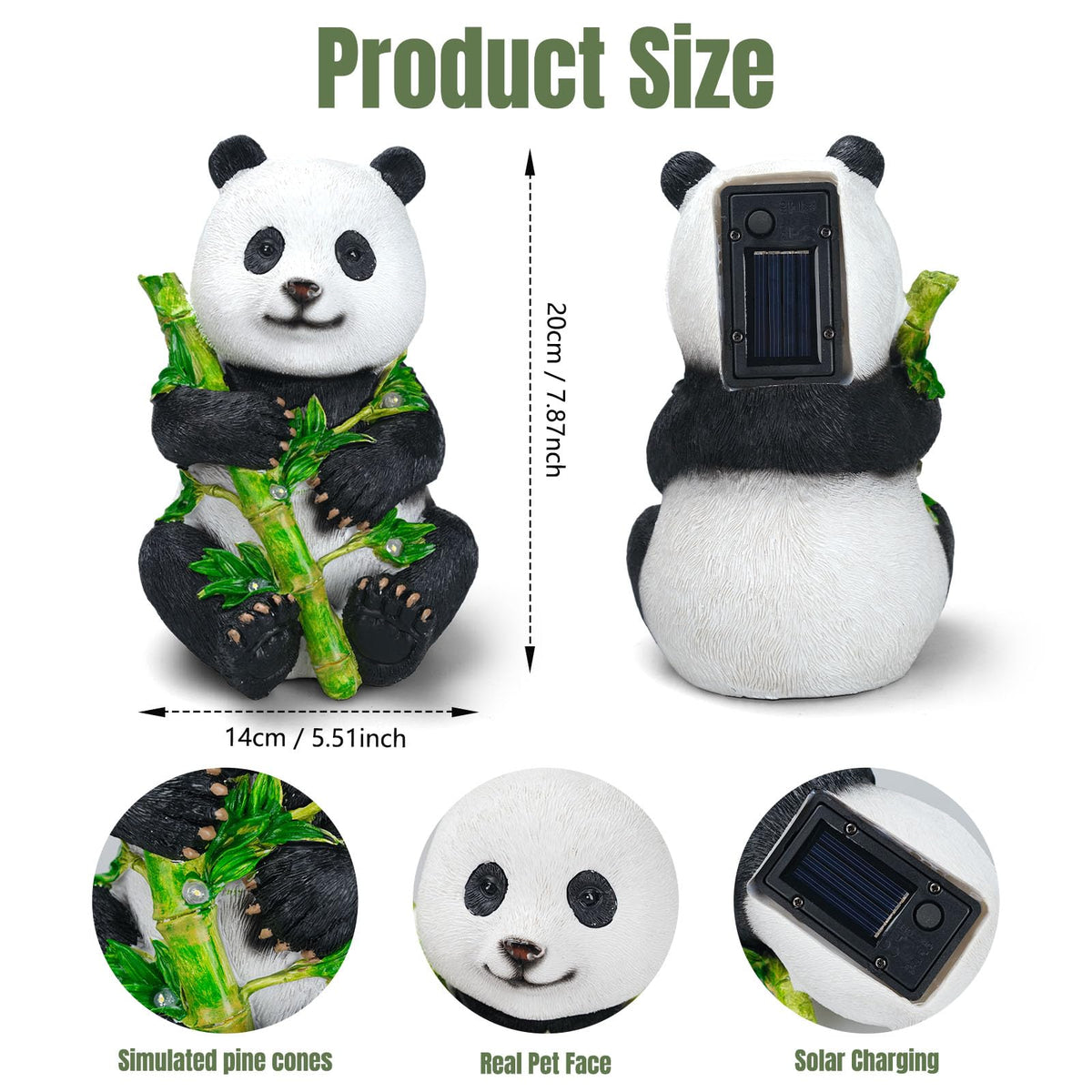 Tolatr Garden Panda Solar Lights Bamboo Statues Cute Sculptures Waterproof Resin for Indoor Outdoor Porch Patio Lawn Yard Decorations (Sitting)