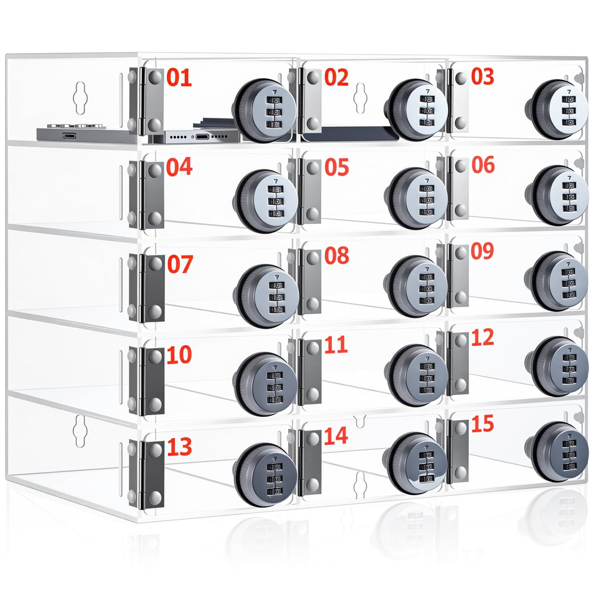 Reallnaive 15 Slots Cell Phone Locker with Combination Lock, Cell Phone Storage for Classroom, Clear Acrylic Storage Cabinet Bin, Wall Mounted for School Students Office Factory Employees