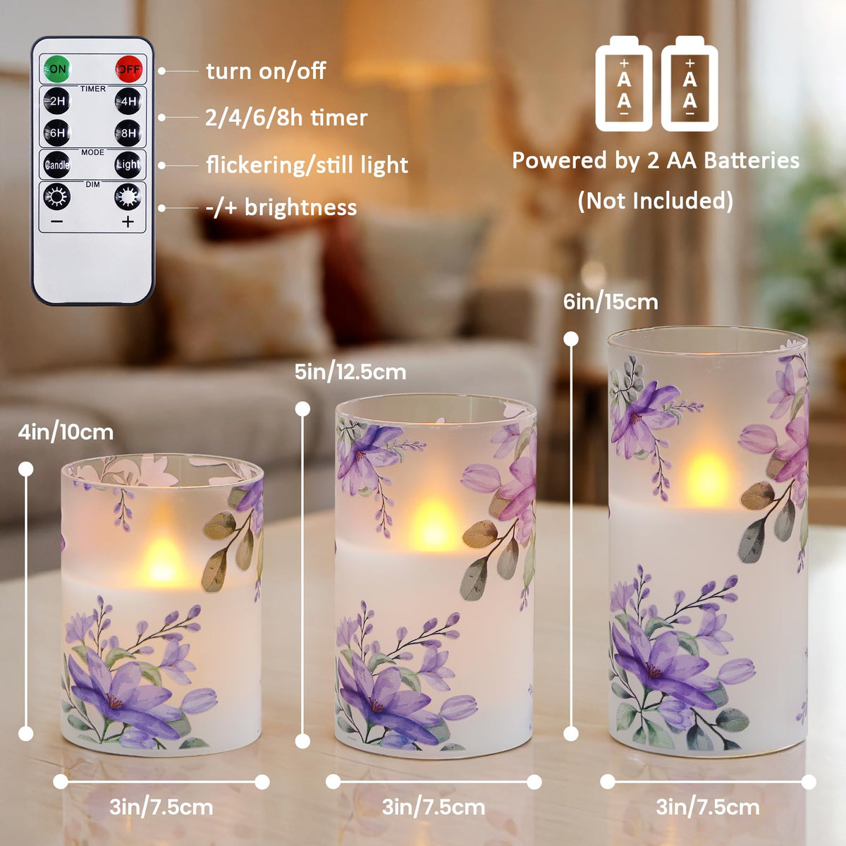 Wroxipel Pack of 3 Flameless Daily Timer Flickering Real Wax Pillar Candles, 3" x 4" 5" 6" LED Battery Operated Purple Flowers Glass Warm Light with Remote Control