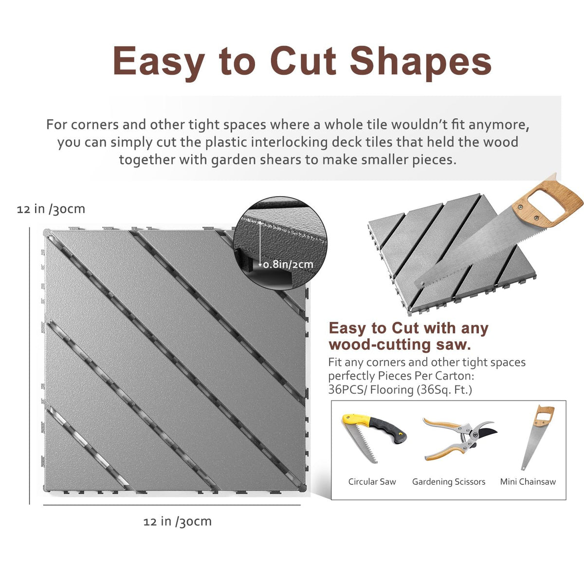 EchoDeck Interlocking Deck Tiles,36 Pack Patio Tiles Outdoor Interlocking All Weather,Patio Deck Tiles,12"x12",Diagonal,Sturdy Base,Highly Durable,Stylish,Non-Slip,Faster-Drying,Efficient,Dark Grey