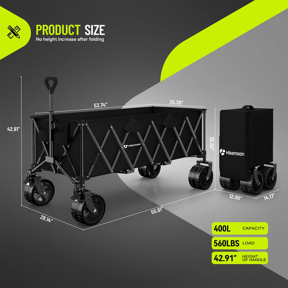Hikemoon 400L Large Wagons Carts Foldable, 54" Extra Long Collapsible Beach Wagon with Big All-Terrain Wheels, 560LBS Heavy Duty Utility Folding Cart for Camping, Grocery, Sports, Garden, Black