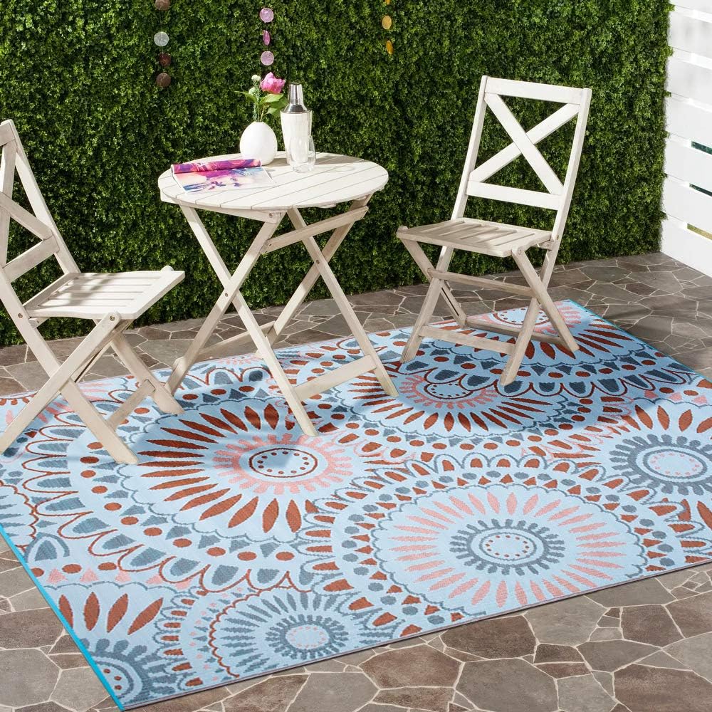 Santextile Reversible Outdoor/Indoor Plastic Straw Rugs Waterproof Portable Mat Easy to Clean Outdoor Patio Mat, Perfect for Garden, Patio, Picnic, Decking-（Blue,9x18Ft）