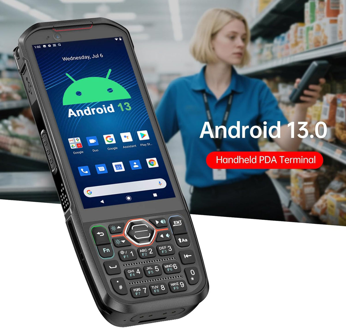 RUGLINE 2025 Android13 PDA, 6GB+64GB Barcode Scanner with Keypad, Equip with 1D 2D QR Code Scanner, Support hot-swappable, BT, WiFi, 4G LTE, NFC, 8-Core CPU Inventory Barcode Data Collector
