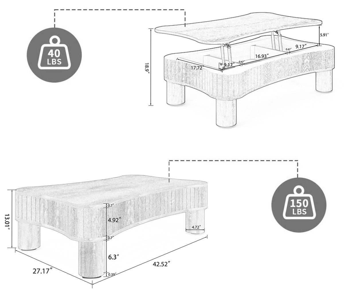 KEIKI 42" Lift Top Wood Coffee Table Endtable with Hidden Storage,Silent Lift,Hydraulic Curved Safety Corners for Living Room