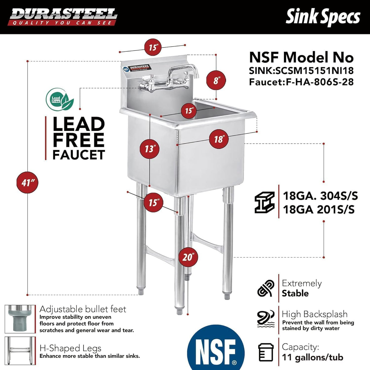 DuraSteel 304 Commercial Stainless Steel Utility Sink - 15 Inch Tub Freestanding Prep Kitchen Sink w/Faucet - NSF Hand Wash Station for Kitchen Sinks, Outdoor, Laundry Room, Garage Small Kitchenette