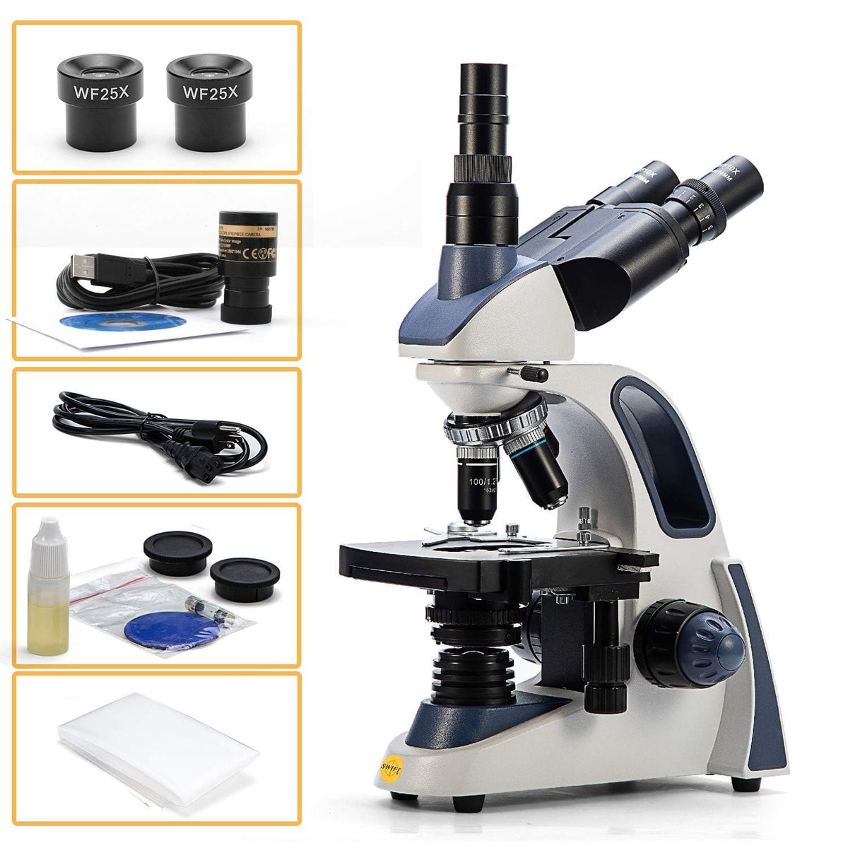 Swift SW380T 40X-2500X Research-Grade Trinocular Compound Lab Microscope with 2.0mp Camera and Software Windows and Mac Compatible and Slides