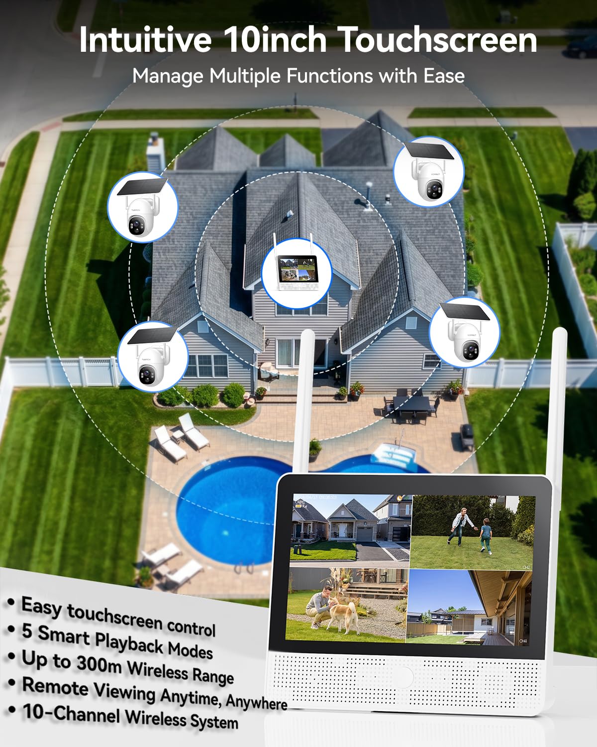 Solar Security Cameras Wireless Outdoor System with 10'' Touch Monitor 10CH NVR, 4MP WiFi6 Cameras for Home Security, 355° Pan 90° Tilt, Night Color, 2-Way Audio, 500G HDD, 0 Monthly Fee, 4 Cam-Kit