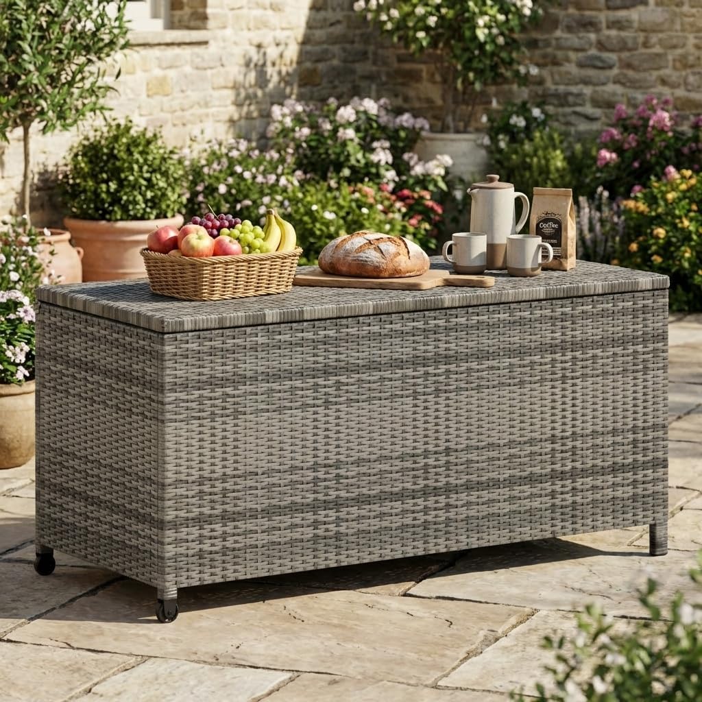 125 Gallon Outdoor Deck Box with Wheels, Waterproof PE Wicker Rattan & Aluminum Frame Storage Bin for Patio Cushions, Garden Tools, Pool Toys, Lockable Patio Furniture(Gray)