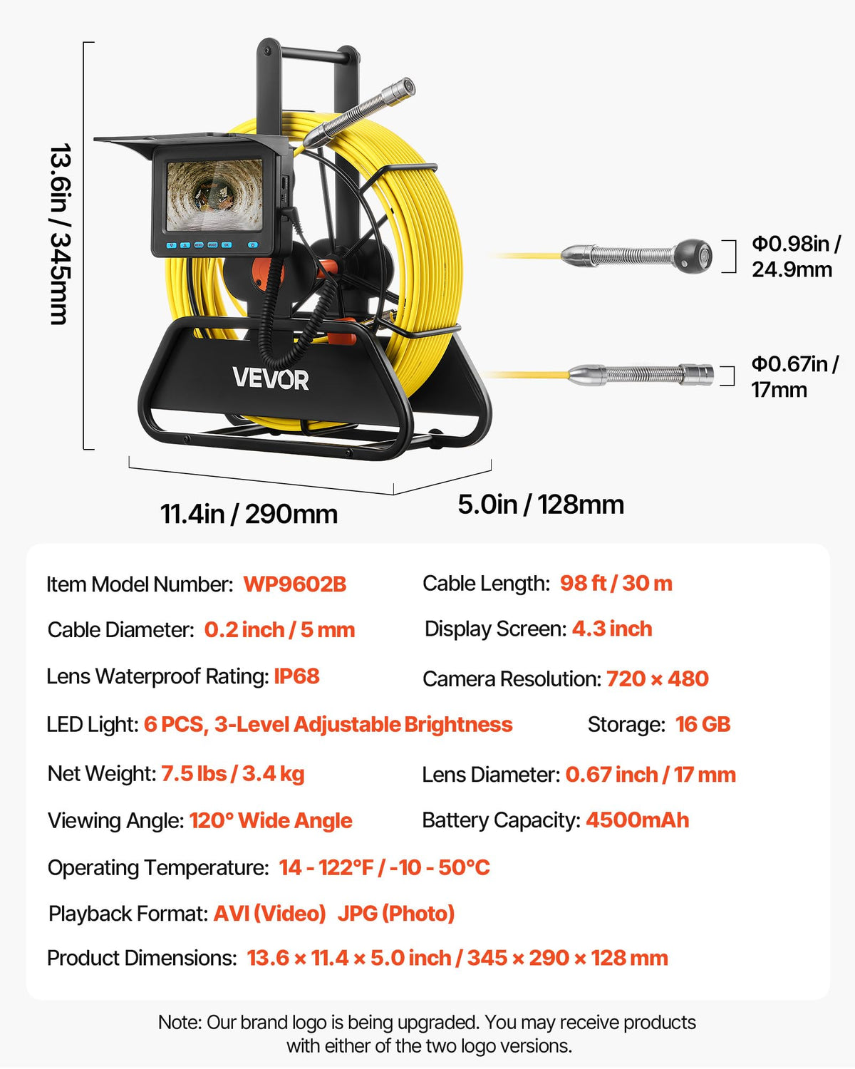 VEVOR Sewer Camera, 98 ft/30m, 4.3" Drain Inspection Tool, IP68 Waterproof Snake Plumbing Camera with Lights - 6 Adjustable LEDs, 4500mAh Battery & 16GB Card for Sewer Line Duct Pipes