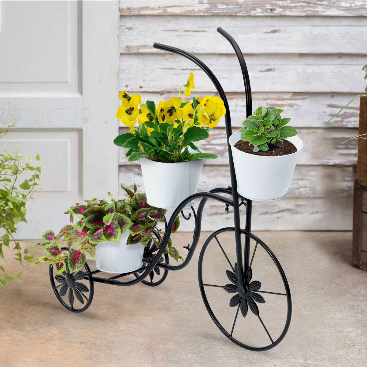 LEWIS&WAYNE Metal Tricycle Planter, 3 Tier Floral Flower Plant Stand Holder Hand Painted Outdoor Garden Patio Decor