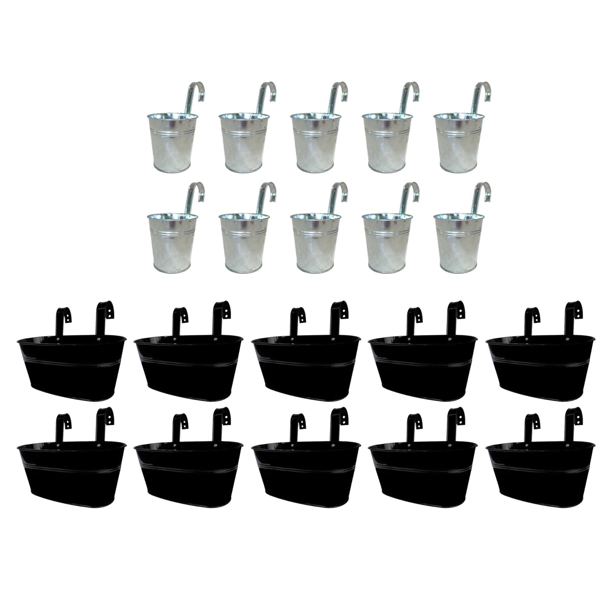 LaLaGreen Bundle - 10 Pack, 11.2 Inch Black + 10 Pack, 6 Inch Silver Metal Pots,Wall Mount Modern Fence Bucket Outdoor Planter Boho Farmhouse Window Rail Box Plant Holder Balcony Garden Decoration