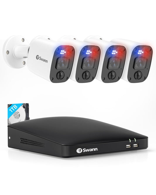 Swann 4 Camera 8 Channel 2K DVR Security System, 256GB SD Card, Red & Blue Deterrence Lights, Color Night Vision, IP 66 Weatherproof,8468542KMQB