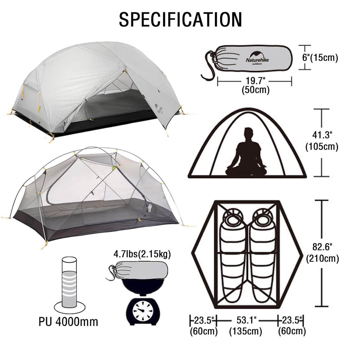 Naturehike Mongar 2-Person 3-Season Backpacking Tent Lightweight Waterproof Double Layer Easy Setup Camping Hiking Tent with Footprint
