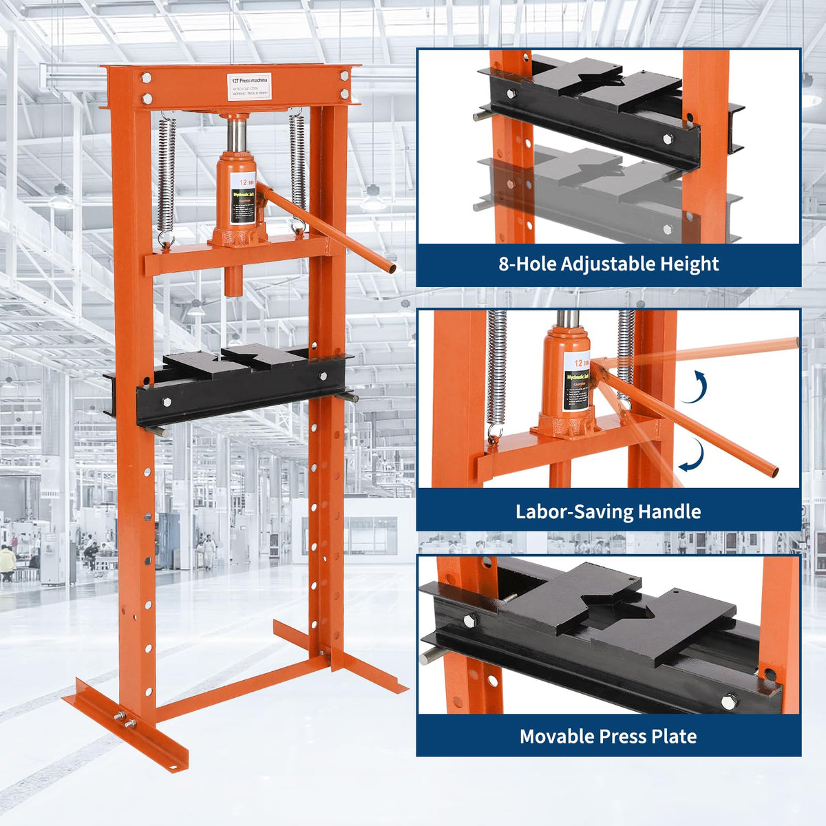 Hydraulic Press 12 Ton Hydraulic Shop Press H-Frame Garage Floor Adjustable Shop Press with 2 Plates Adjustable Working Table Height, Orange
