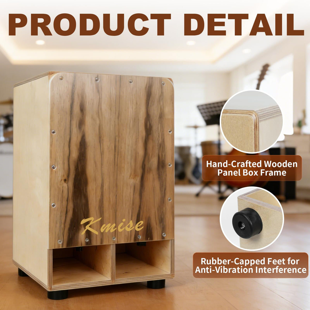 Kmise Portable Cajon Drum Box, 11.8×12.2×19.6" Adjustable Snare Cajons Drums, Solid Ebony & Birch Wood, Percussion Instrument Gift for Adults Kids, With Carry Bag,for Home Live Performance Practice