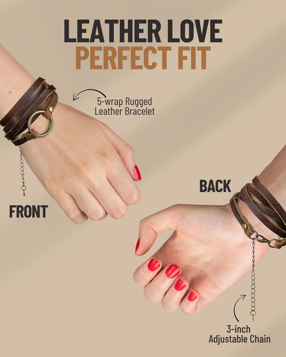 SPUNKYsoul 5 Wrap Leather Circle Bracelet - Adjustable Boho-Inspired Leather Bracelet for Women, Unique Distressed Jewelry with Symbolic Circle, Ideal for Everyday Wear & Gifting (Women's Brown)
