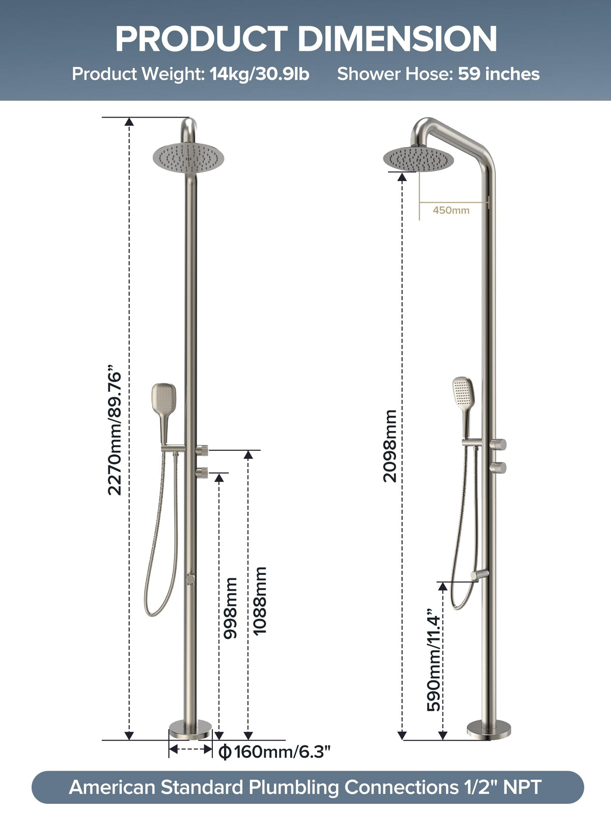 WCQQ 316 Stainless Steel Outdoor Floor Shower with 3 Functions, Brushed Nickel Freestanding 10" Headshower & Handheld Shower for Backyard Patio Relaxation/Easy Garden Clean