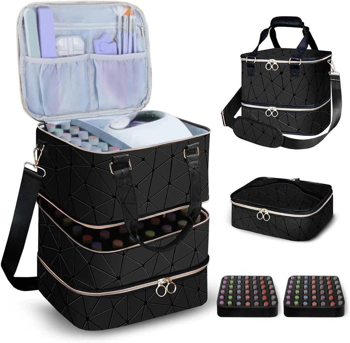 Yttriuny Nail Polish Organizer Holds 84 Bottles (15ml/0.5fl.Oz) + UV Lamp & Manicure Tools, 3-Layer Detachable PU Leather Nail Kit Storage Bag,Large Travel Shoulder Bag for Nail Supplies – Black