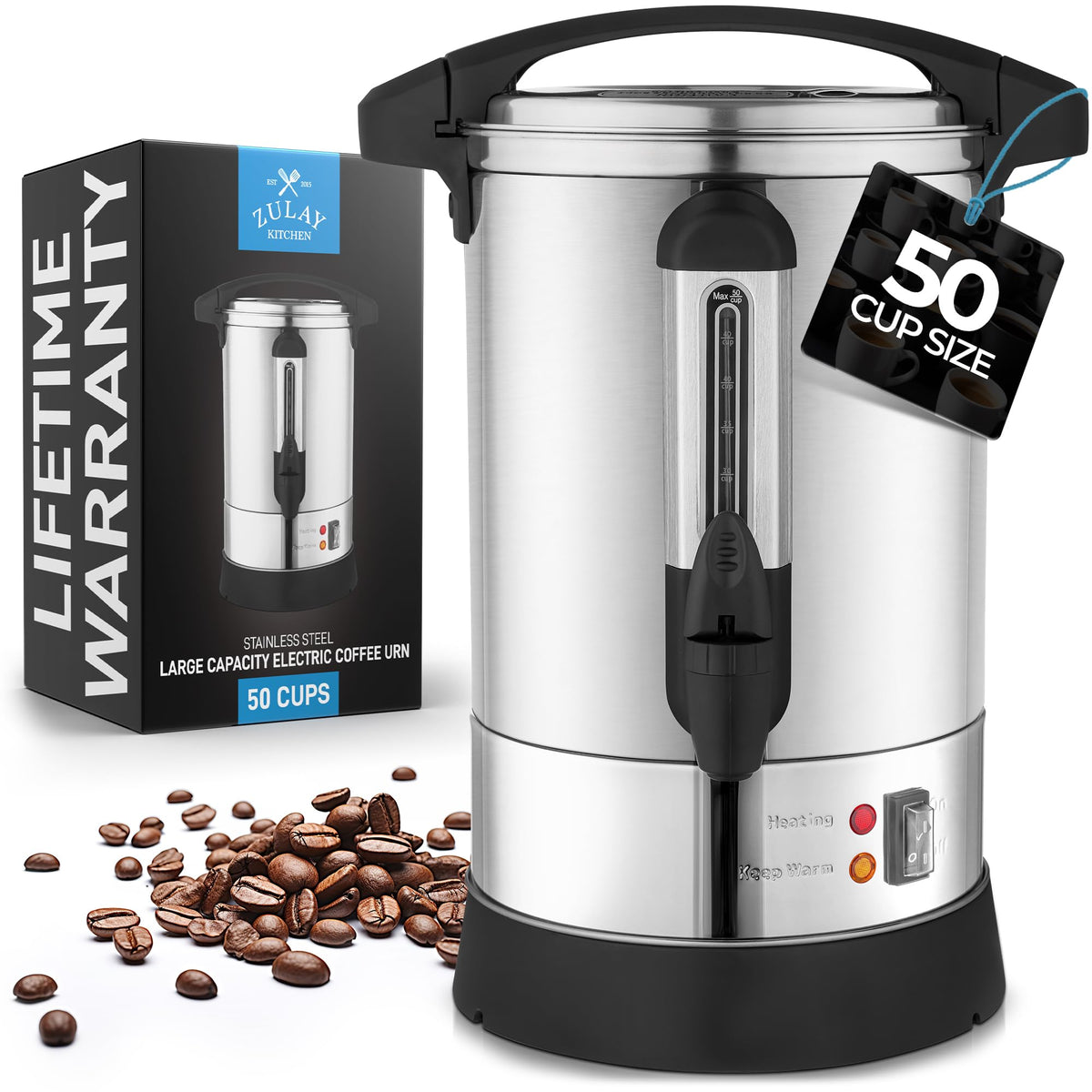 Zulay Kitchen 50 Cups Commercial Grade Coffee Maker Hot Water Urn - Percolator With Double-Wall Stainless Steel, Quick Brew, Stays Hot for Tea & Beverage at Events & Catering - Silver