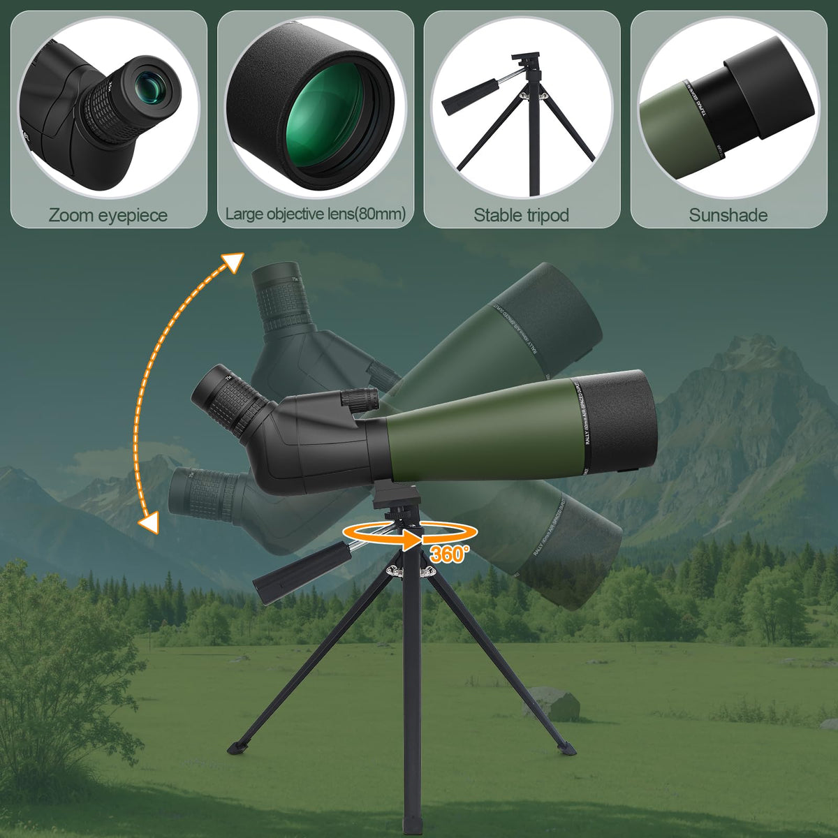 Aurosports 25-75X80 Spotting Scope with Tripod - BAK4 High Definition Waterproof Spotter Scope for Target Shooting Hunting Bird Watching, Scopes with Carrying Bag and Scope Phone Adapter (Green)
