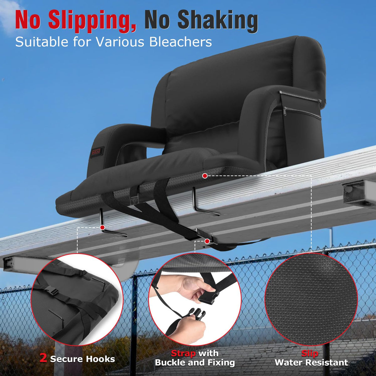 Suteck Extra Wide Heated Stadium Seats with Back Support 2 Pack, Portable Sofa Style Bleacher Chair with Back and Cushion, Armrest, Ideal for Outdoor Stadiums and Events -25" Wide