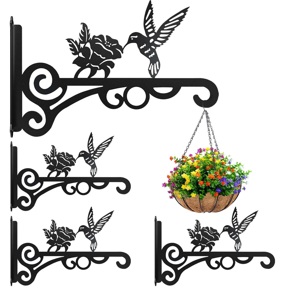 4-Pack 10 Inch Aesthetic Plant Hanger Indoor and Outdoor – Metal Hanging Plant Bracket with Hummingbird Pattern – Heavy Duty Plant Hooks for Hanging Flower Baskets, Bird Feeder, Wind Chime, Lantern