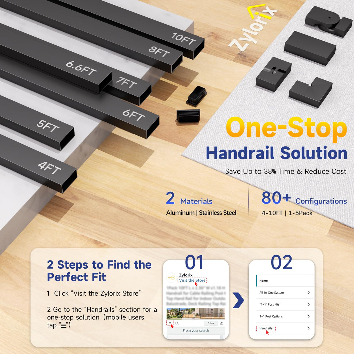 Zylorix 3Pack 6'6" Stainless Steel T304 Black Handrail for Cable Railing with Nylon End Cap Extension Connectors, 2.36" W x 1.18" H Cuttable Flat Handrail Rectangular Top Rail for Indoor Outdoor