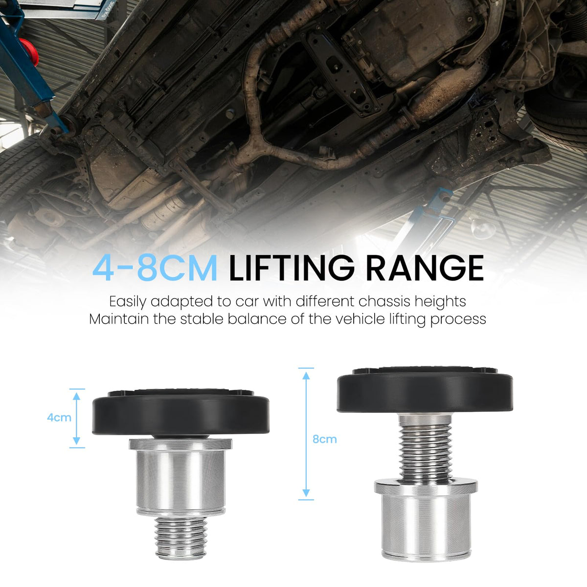 Atesilor 4pcs 60mm Screw Up Car Lift Adapter with Rubber Lift Pads, 4-8cm Extension Car Lift Feet Tray for Car Lift Bridge Jack Stable Support, Fit for Challenger 2 Post Lift