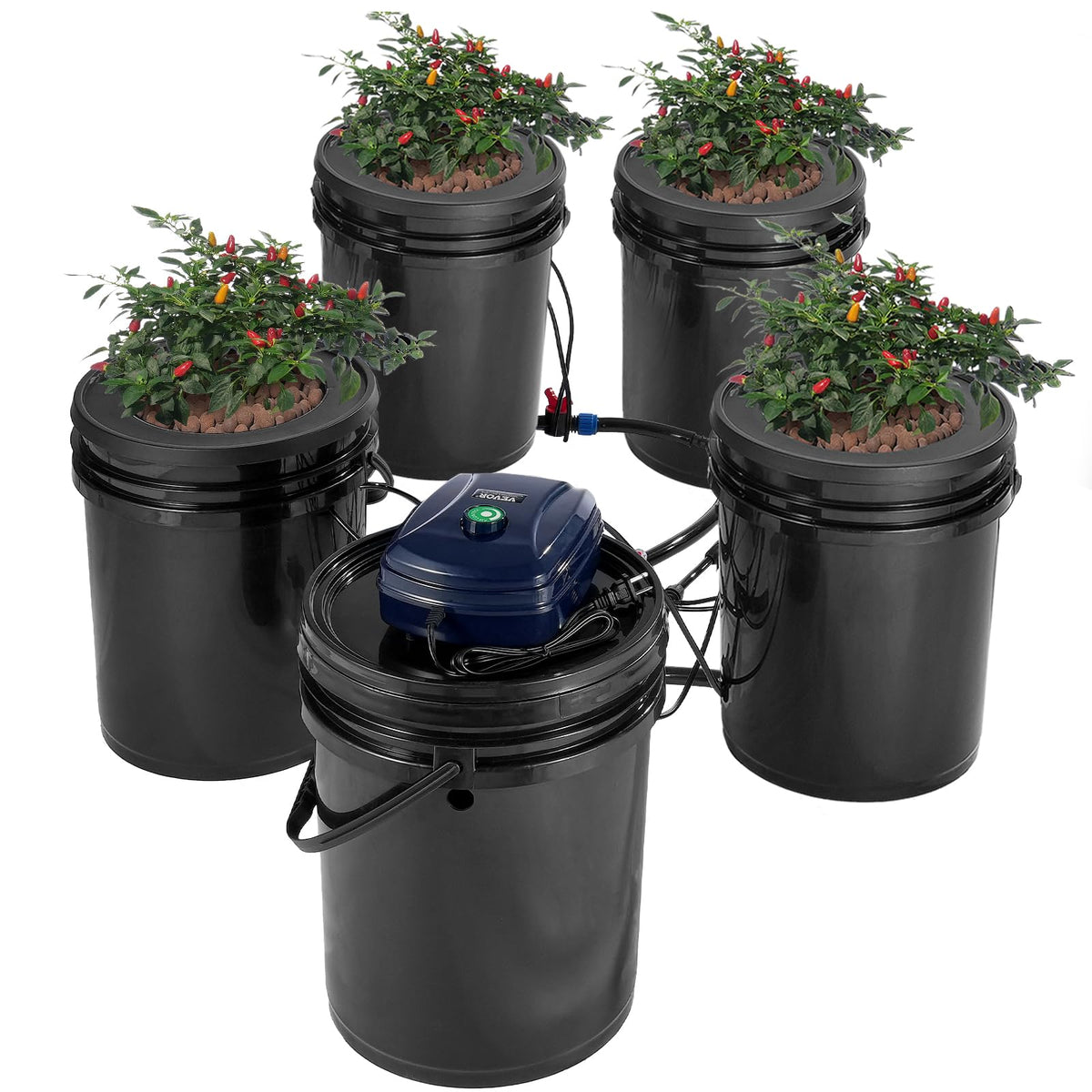VEVOR RDWC Hydroponics Grow System, Hydroponic Growing Kit with Top Drip, Recirculating Deep Water Culture 4 Buckles and 1 Reservoir, with Air Pump and Water Level Device for Leafy Vegetables