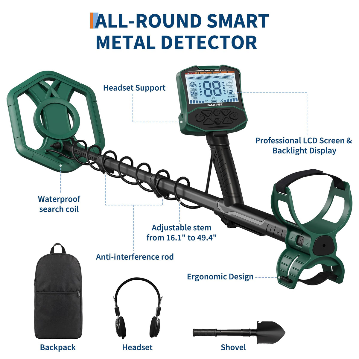 Professional Metal Detector for Adults with 5 Modes, IP68 Waterproof Search Coil, Larger Backlit LCD Display, High Accuracy Gold & Coin Detector for Beach Treasure Hunting, Beginner Friendly, Green