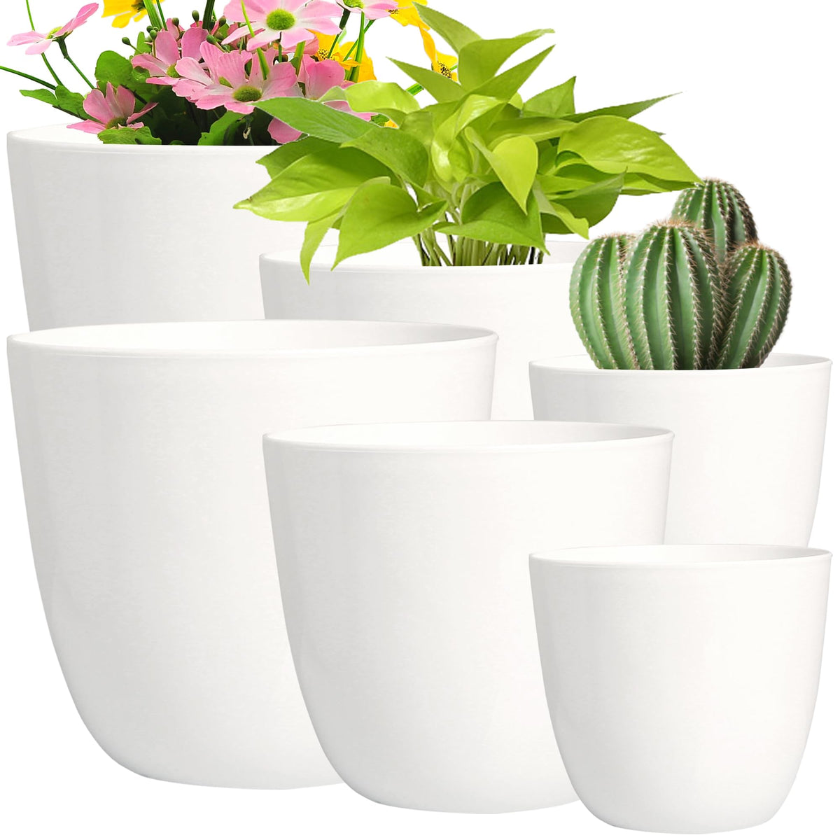 Youngever 6 Pack 4.5 Inch, 5.5 Inch, 6.5 Inch Plastic Planters Indoor Flower Plant Pots Combo (White)