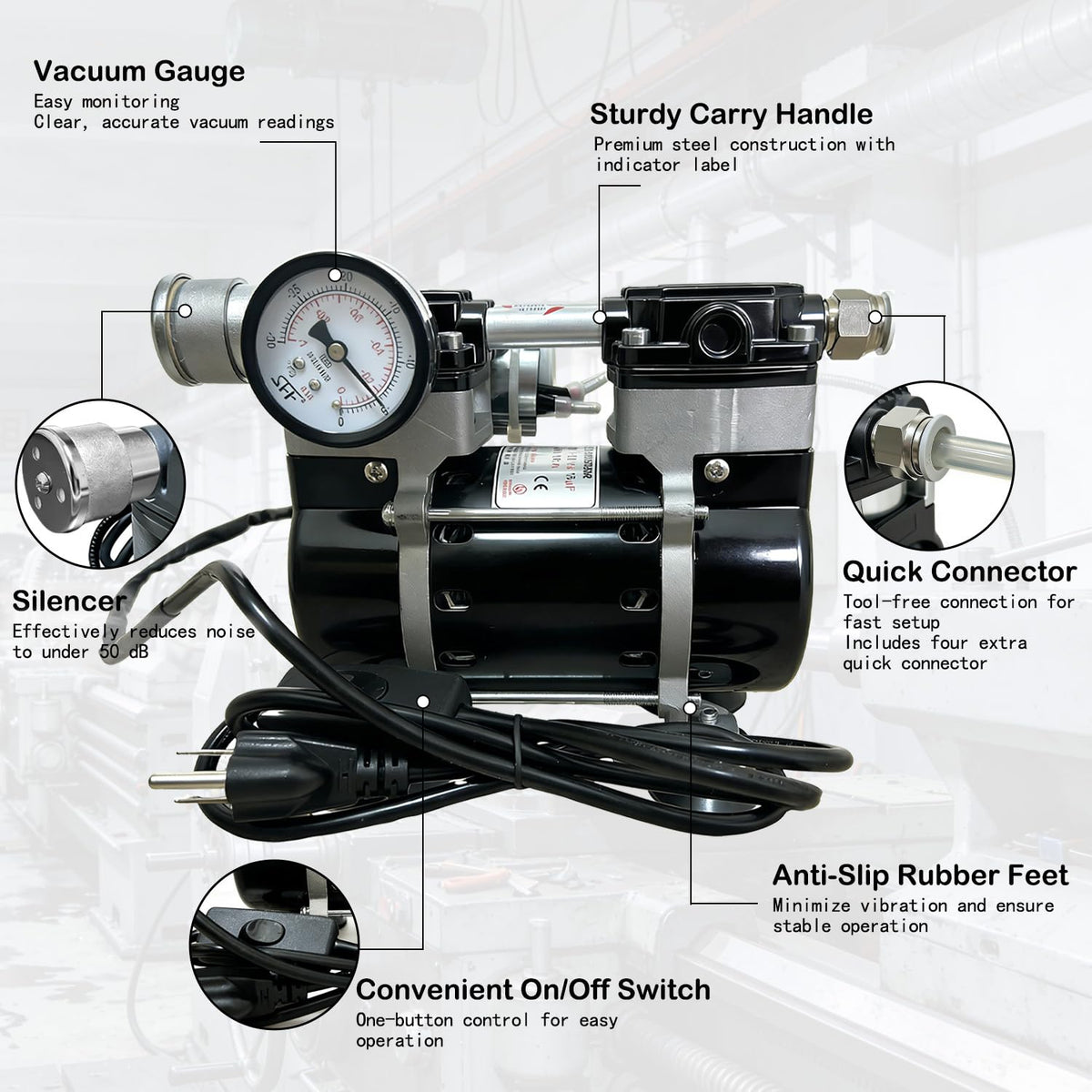 Oilless Vacuum Pump 50 L/Min, 180W Electric Vacuum Pump with Switch & Vacuum Gauge, Low-Noise Aluminum Silencer, 4 Hose Connectors, for Laboratory, Electronics & DIY Use
