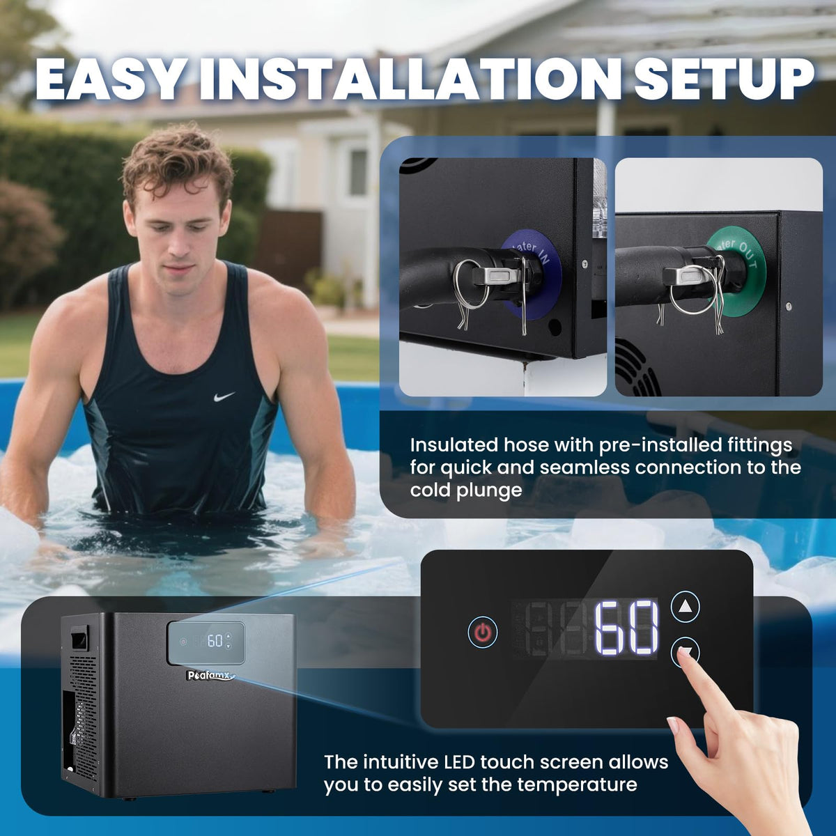 Poafamx Water Chiller for Ice Bath, 1/3 HP Cold Plunge Chiller with Built-in Filter & Water Pump, Insulated Hoses, Quiet Ice Bath Chiller for Cold Therapy Athletes Recovery Home Use 110V