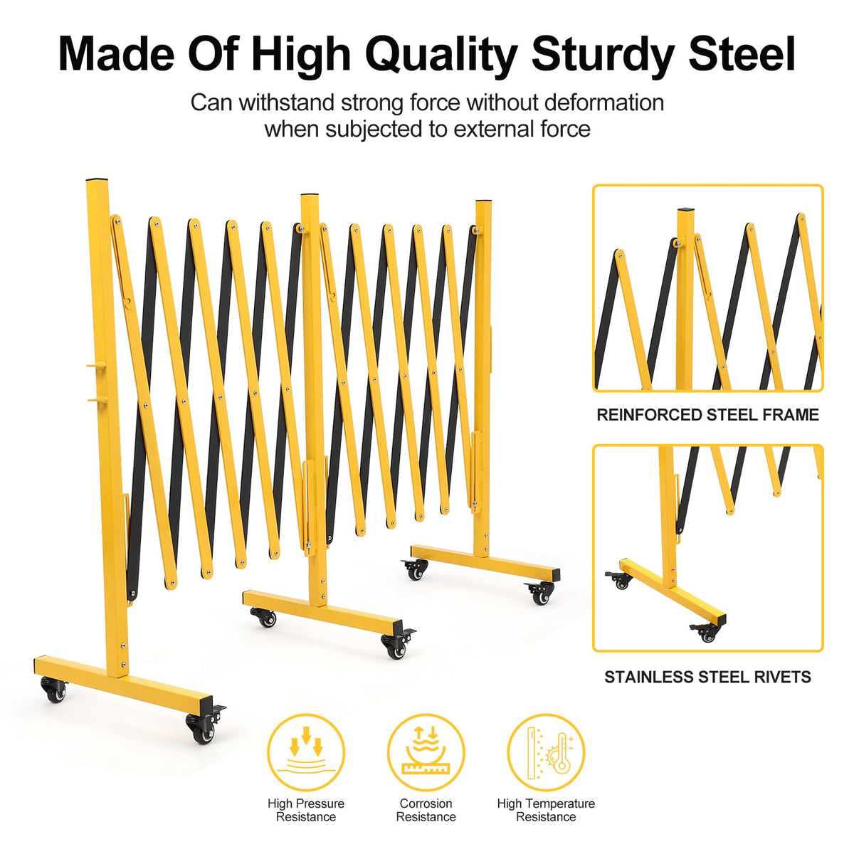 ExploreHorizon 16FT Expandable Metal Barricade Gate, Double Mobile Safety Barrier with Retractable Traffic Fence, Easy Assembly, and Casters