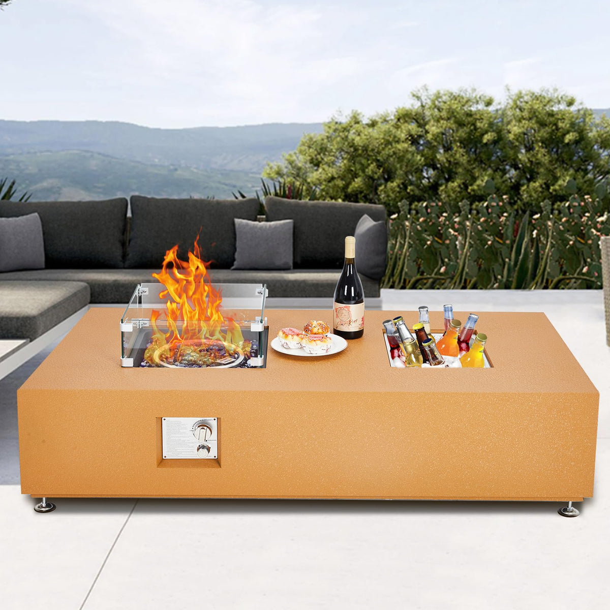 GarveeLife 56" Propane Fire Pit Table with Ice Bucket，50000BTU Fire Table with 13" Square Drink Ice Bucket Wind Guard, Fire Glass Beads & CSA Safety Certified Outdoor Firepit for Patio Garden(Orange)