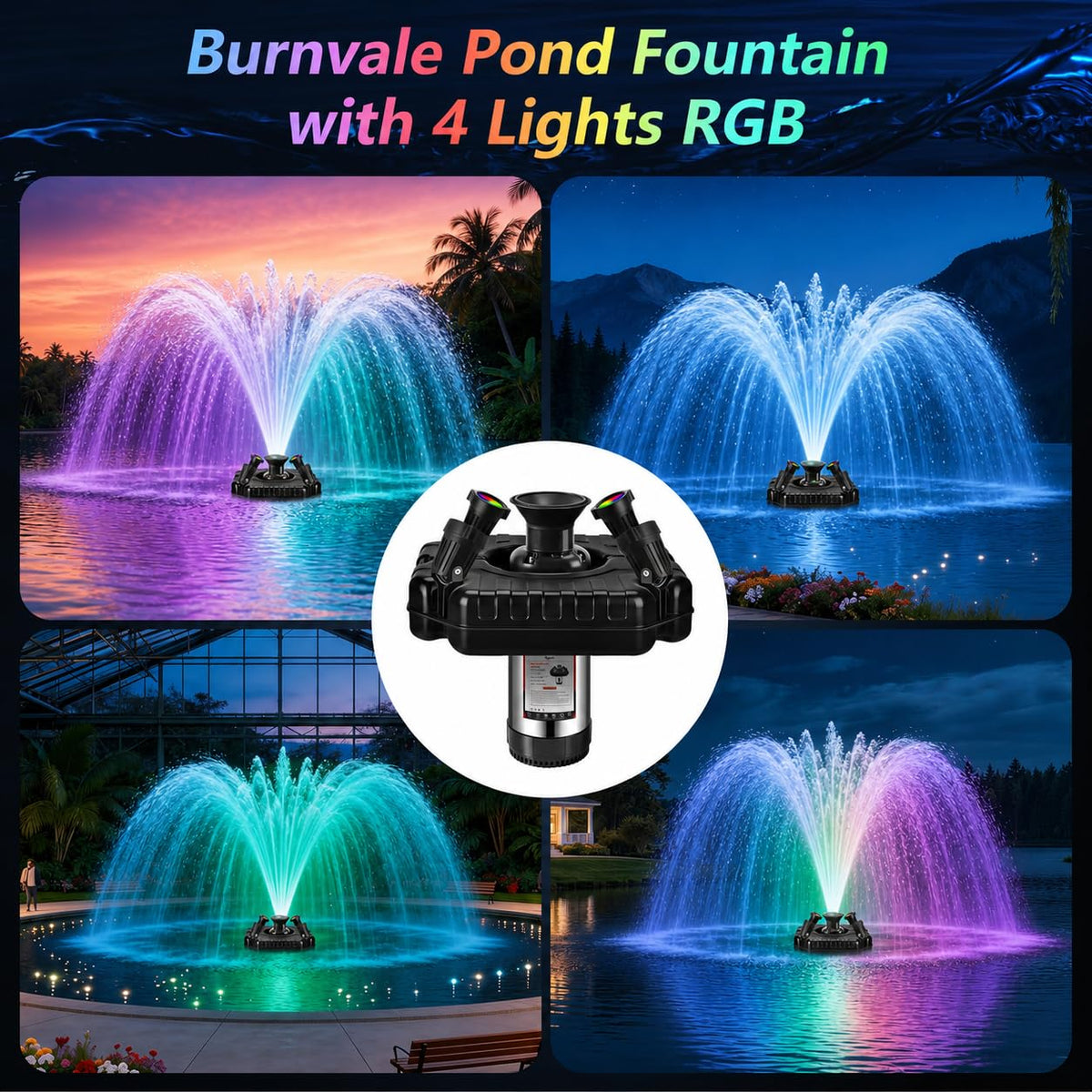 Burnvale Pond Fountain Aerator, 1HP 110V 750W Floating Pond Fountain, With4 RGB Lights，100 FT Power Cord，Waterproof Timer，2x100 FT Traction Rope，Floating Water Fountains for Ponds