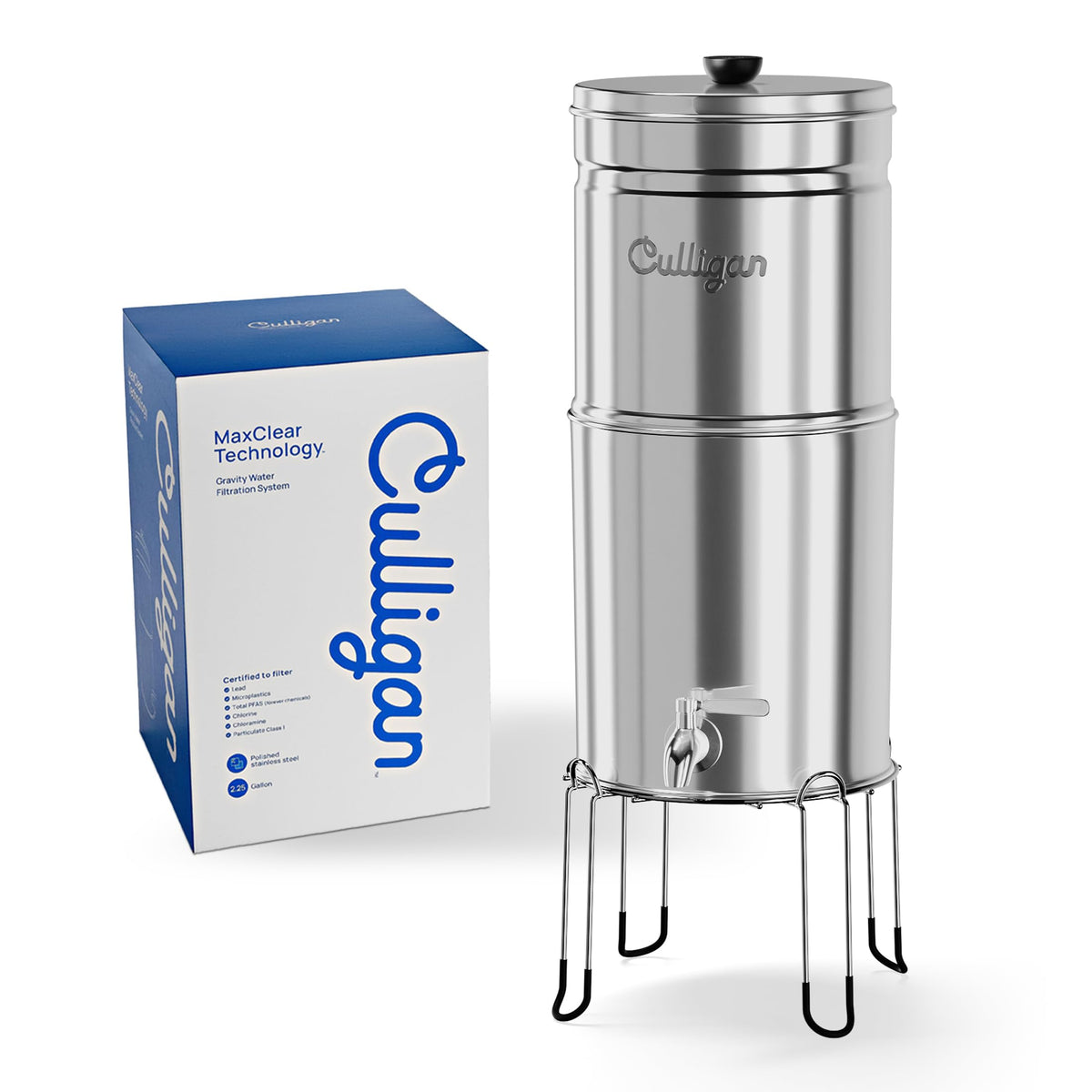 Culligan MaxClear 2.25 Gallon Gravity Water Filter System, Polished Stainless-Steel Countertop Water Filter NSF/ANSI Certified to Reduce Microplastics, Lead & Total PFAS, with 1 Ceramic Filter