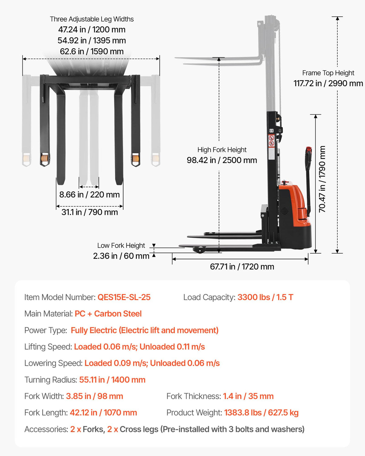 VEVOR Full Electric Pallet Stacker, 3300 lbs Capacity, 98.4'' Lifting Height, Pallet Lift Stacker Forklift with Straddle Legs & Forks, 8.66-31.1 Inches Adjustable Fork Width, Orange & Black