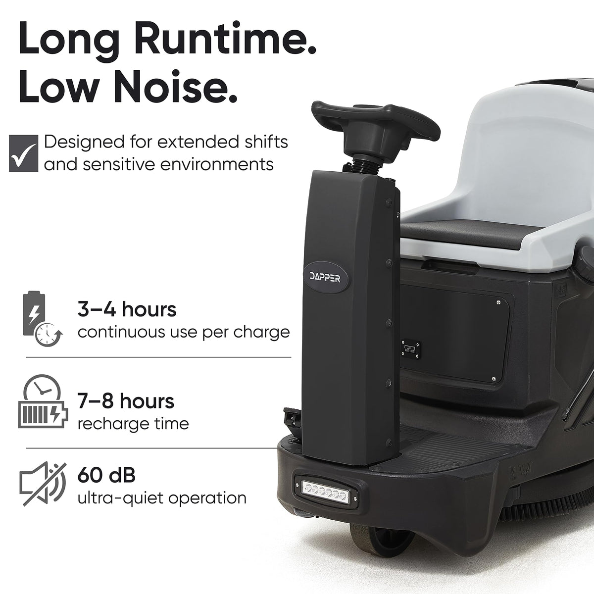 Battery Powered Ride-On Commercial Floor Scrubber Machine, 22" Brush, 31.5" Squeegee Width, 19 gal Solution Tank, 20 gal Recovery Tank, 5 hr Use 7 hr Charge, 200 RPM, 48,400 Sqft/H, Batteries Included